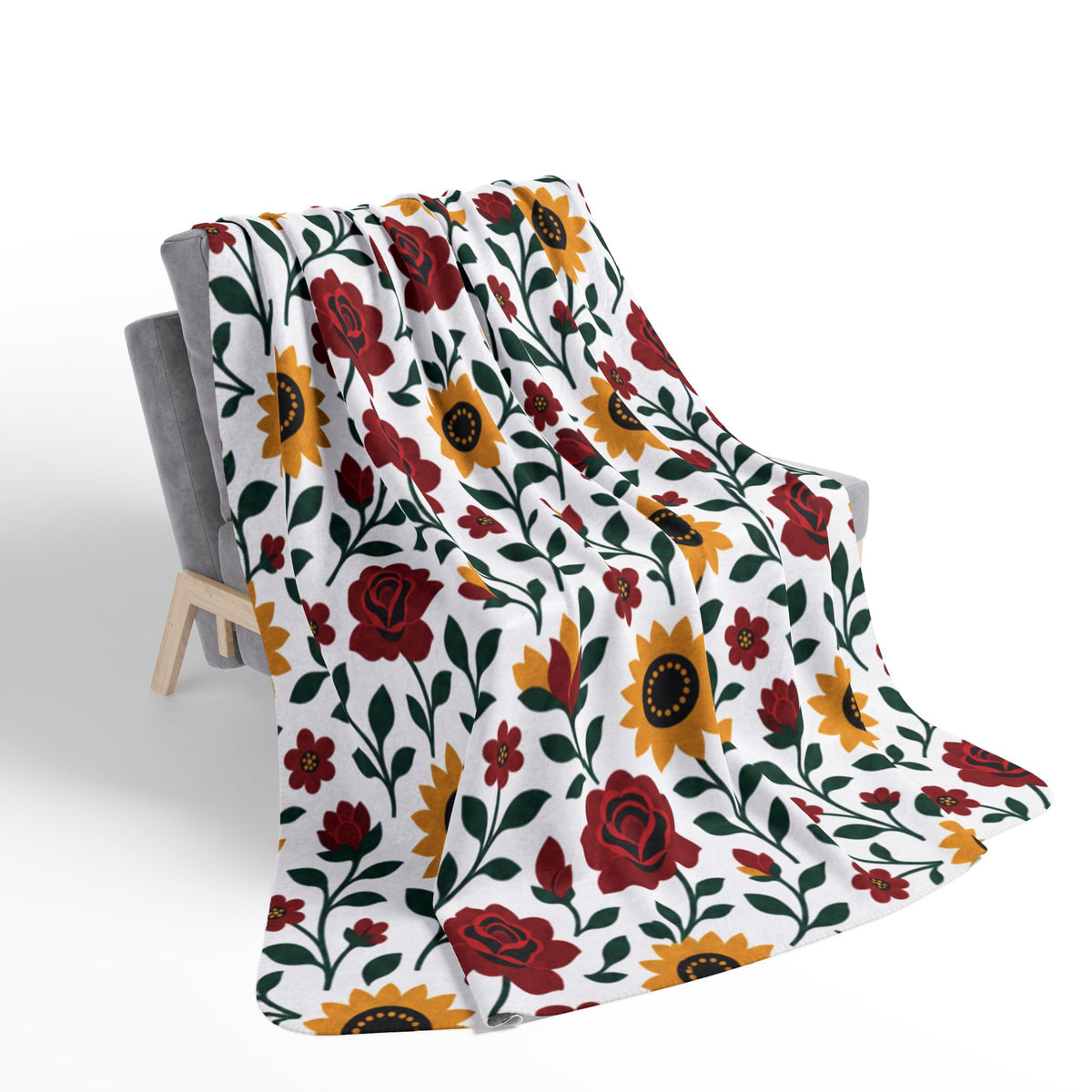 Fleece Sherpa Blanket – Floral Cozy Throw with Grey Backing- Sunflowers and Roses - Choose from 2 Sizes