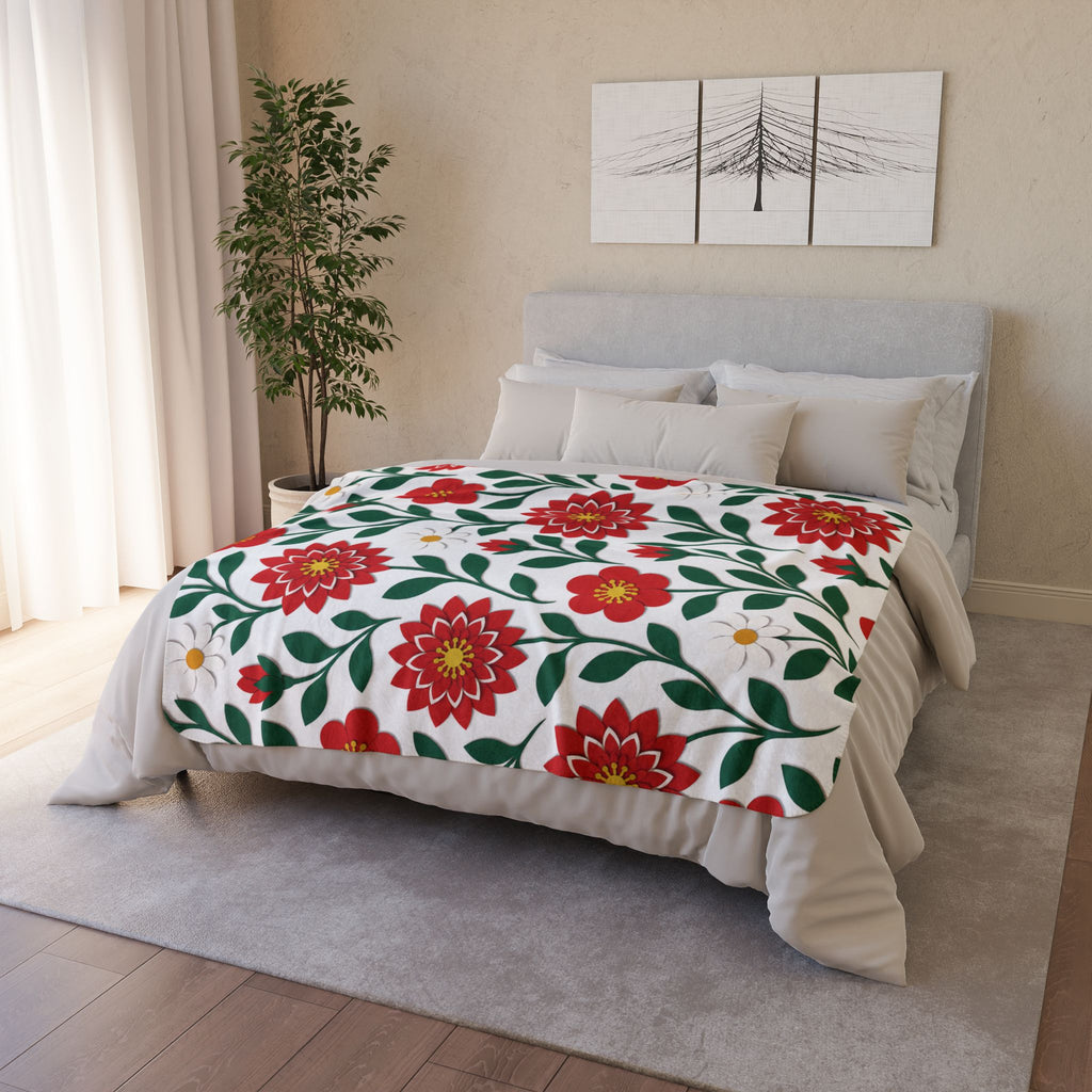 Red Dahlia Floral Fleece Sherpa Blanket — Cozy Throw