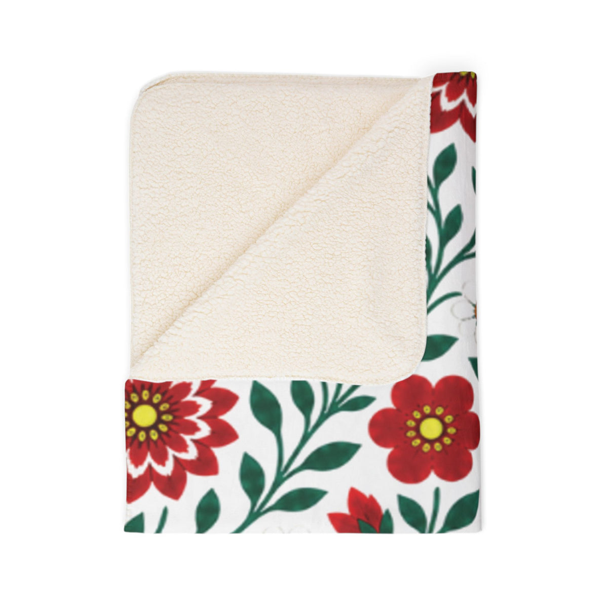 Fleece Sherpa Blanket with Beige Backing - Red Dahlia Floral Throw - 2 Sizes