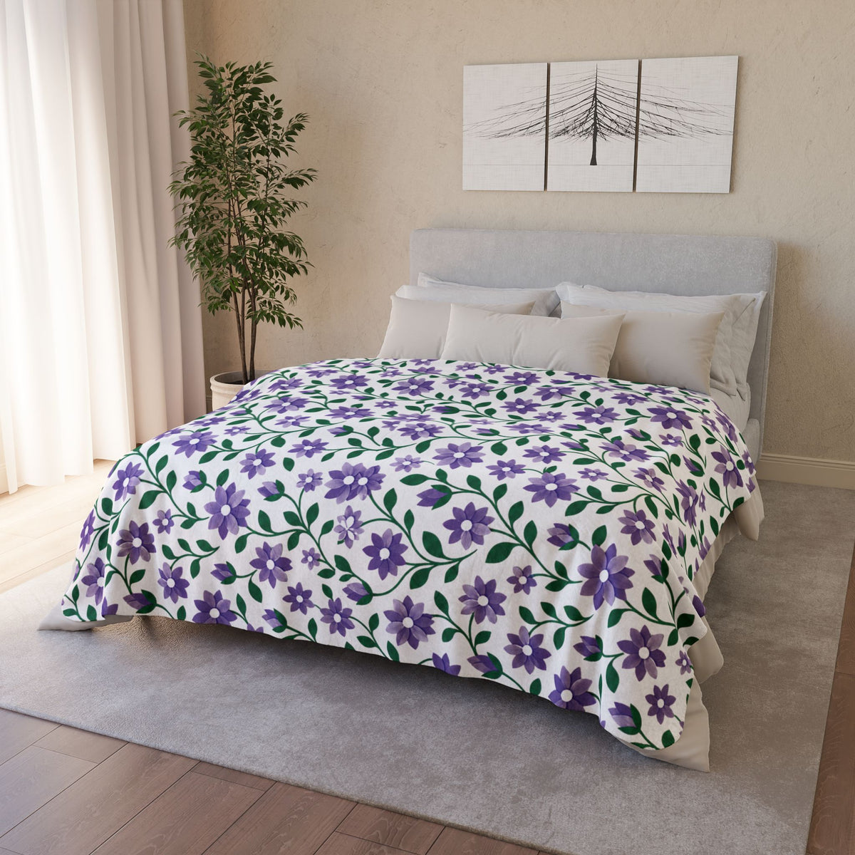 Fleece Sherpa Blanket with Beige Backing— Floral Cozy Throw - Purple Cascades - Choose from 2 Sizes