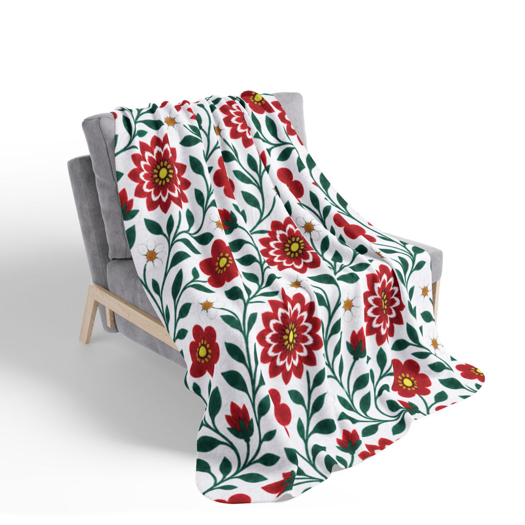 Fleece Sherpa Blanket with Grey Backing — Floral Cozy Throw - 2 Sizes - Red Dahlia