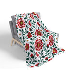 Fleece Sherpa Blanket with Grey Backing — Floral Cozy Throw - 2 Sizes - Red Dahlia