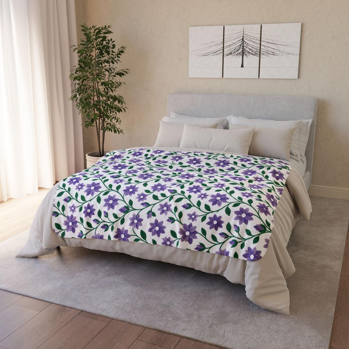Fleece Sherpa Blanket with Grey Backing— Floral Cozy Throw - Purple Cascades -  2 Sizes