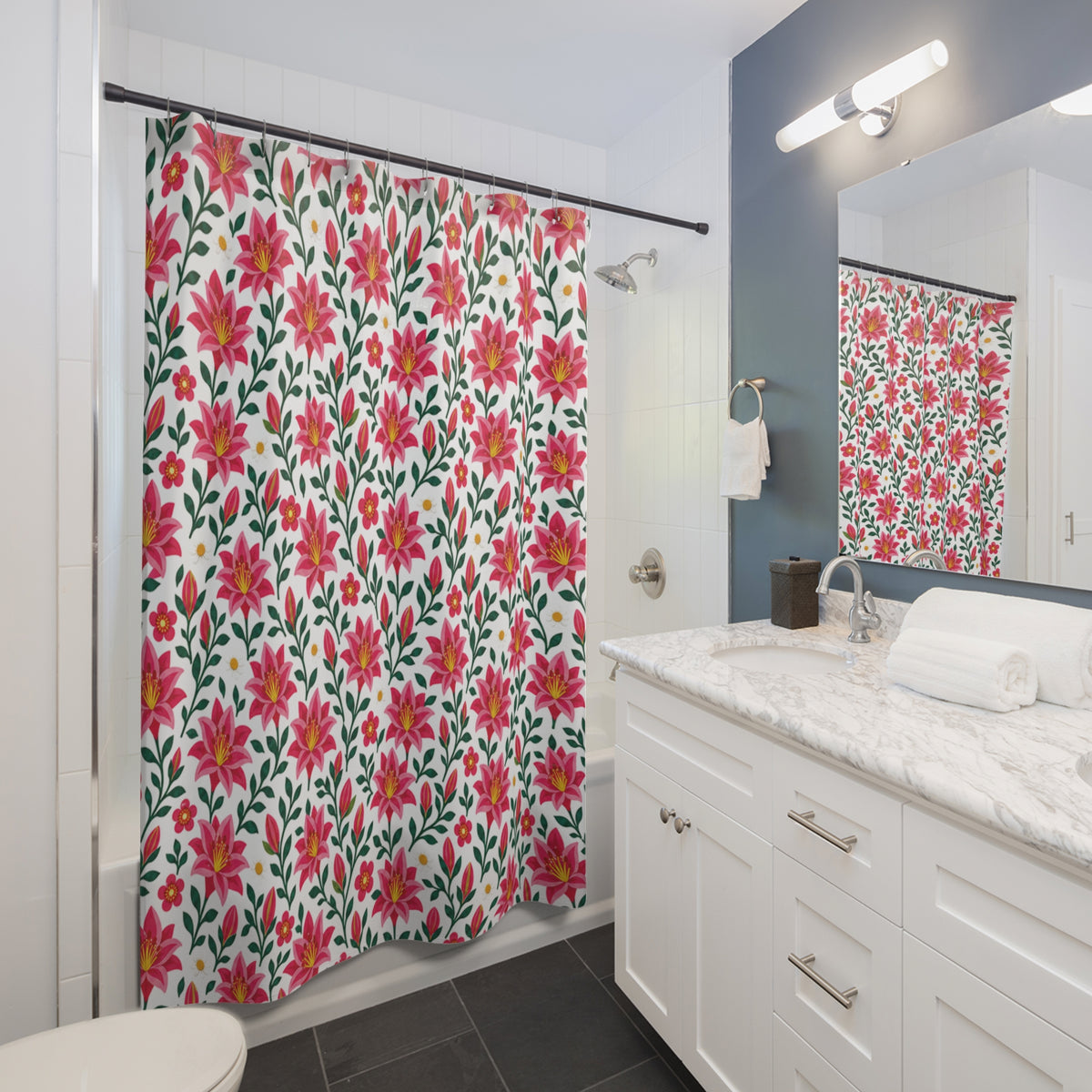 Bathroom Shower Curtain — Standard Size 71" x 74" - Floral Pink Lilies