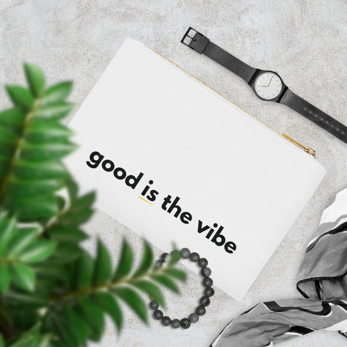 Good Is The Vibe Cosmetic Bag — Minimalist Makeup Pouch with Positive Quote