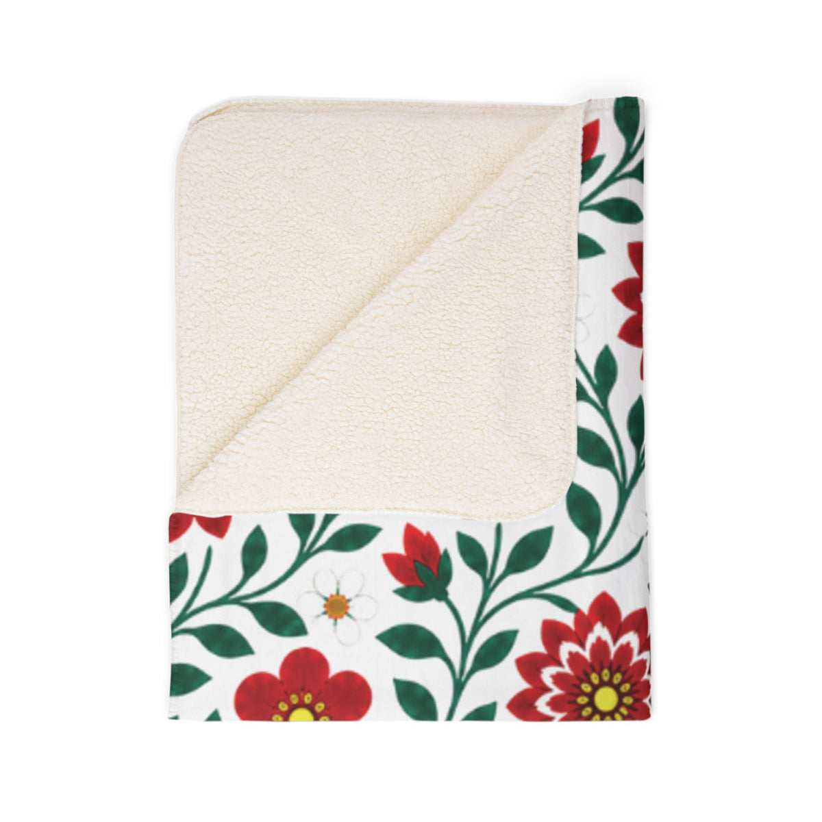 Fleece Sherpa Blanket with Beige Backing - Red Dahlia Floral Throw - 2 Sizes