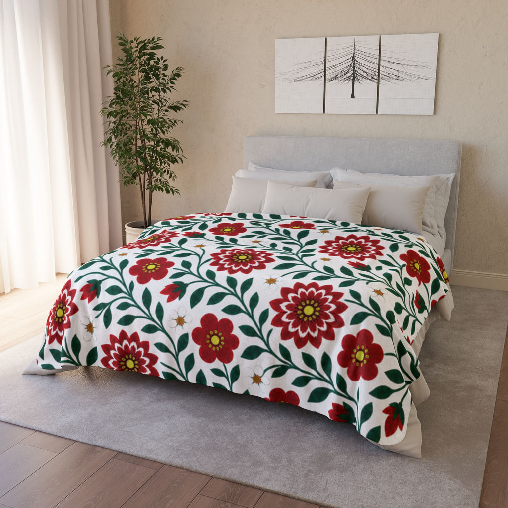 Fleece Sherpa Blanket with Beige Backing - Red Dahlia Floral Throw - 2 Sizes
