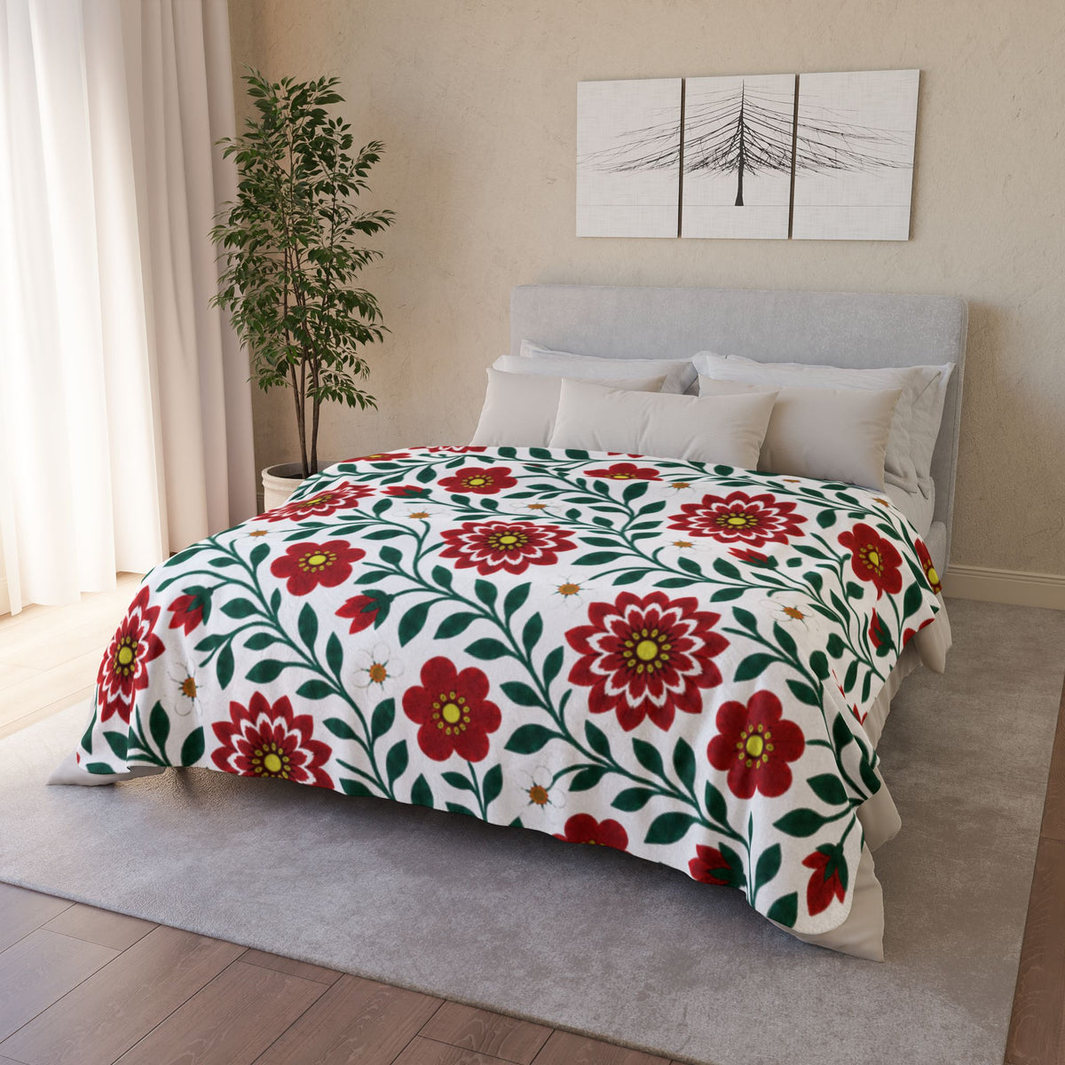 Fleece Sherpa Blanket with Beige Backing - Red Dahlia Floral Throw - 2 Sizes