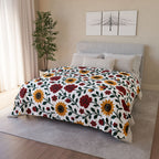 Fleece Sherpa Blanket – Floral Cozy Throw with Grey Backing- Sunflowers and Roses - Choose from 2 Sizes