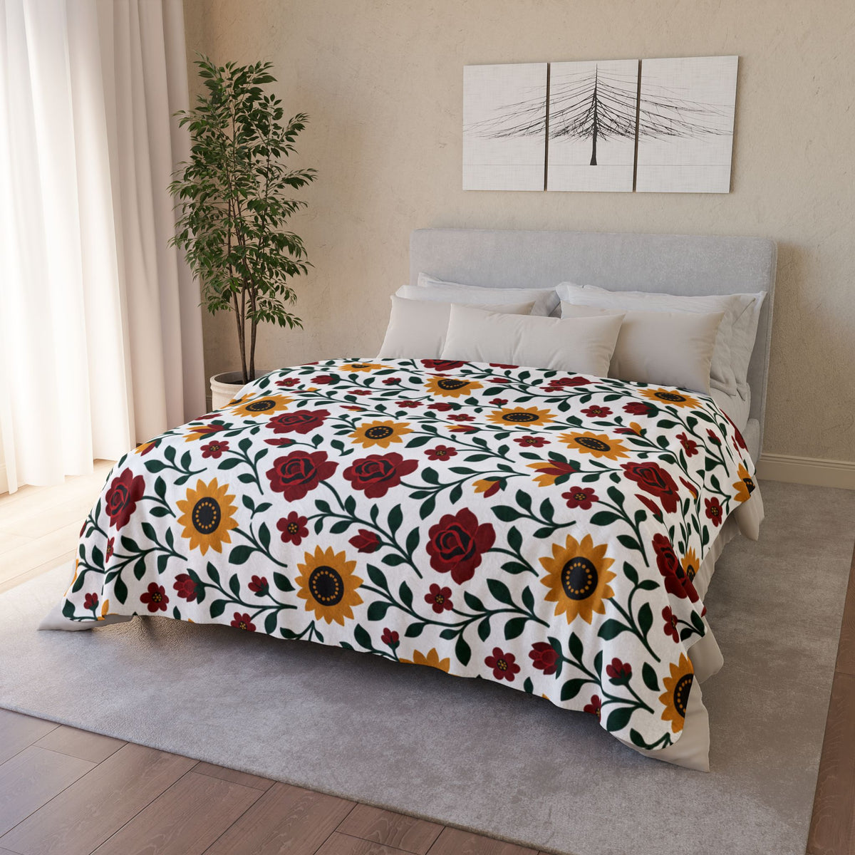 Fleece Sherpa Blanket – Floral Cozy Throw with Grey Backing- Sunflowers and Roses - Choose from 2 Sizes