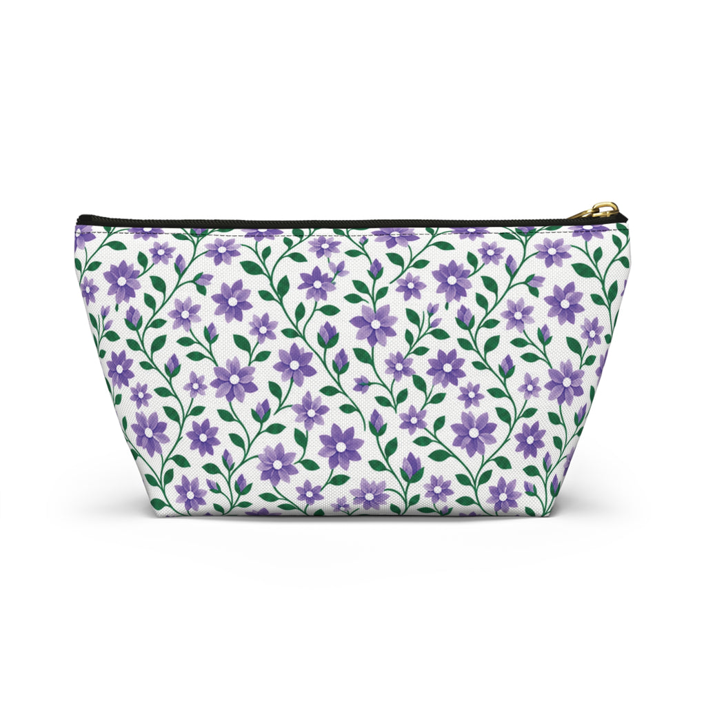 Accessory Pouch - Black or White Zipper - Floral - Purple Cascades