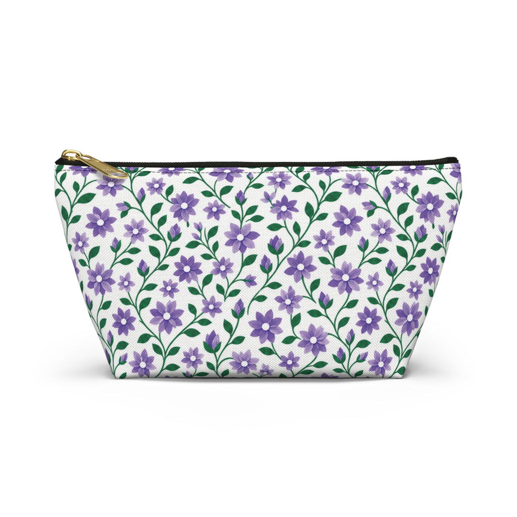 Accessory Pouch - Black or White Zipper - Floral - Purple Cascades