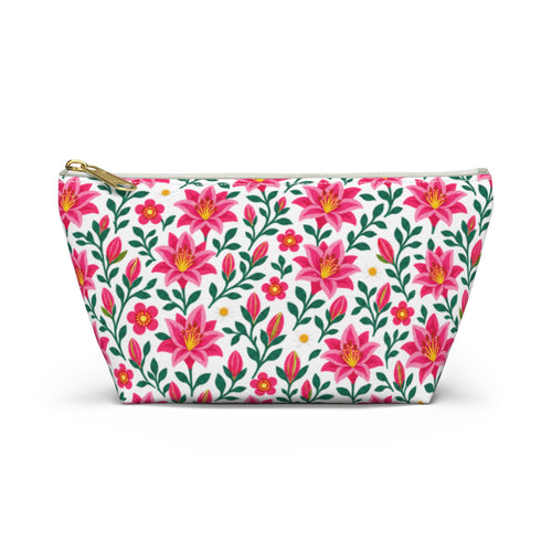 Accessory Pouch - Floral Pink Lily - Choose White or Black Zipper