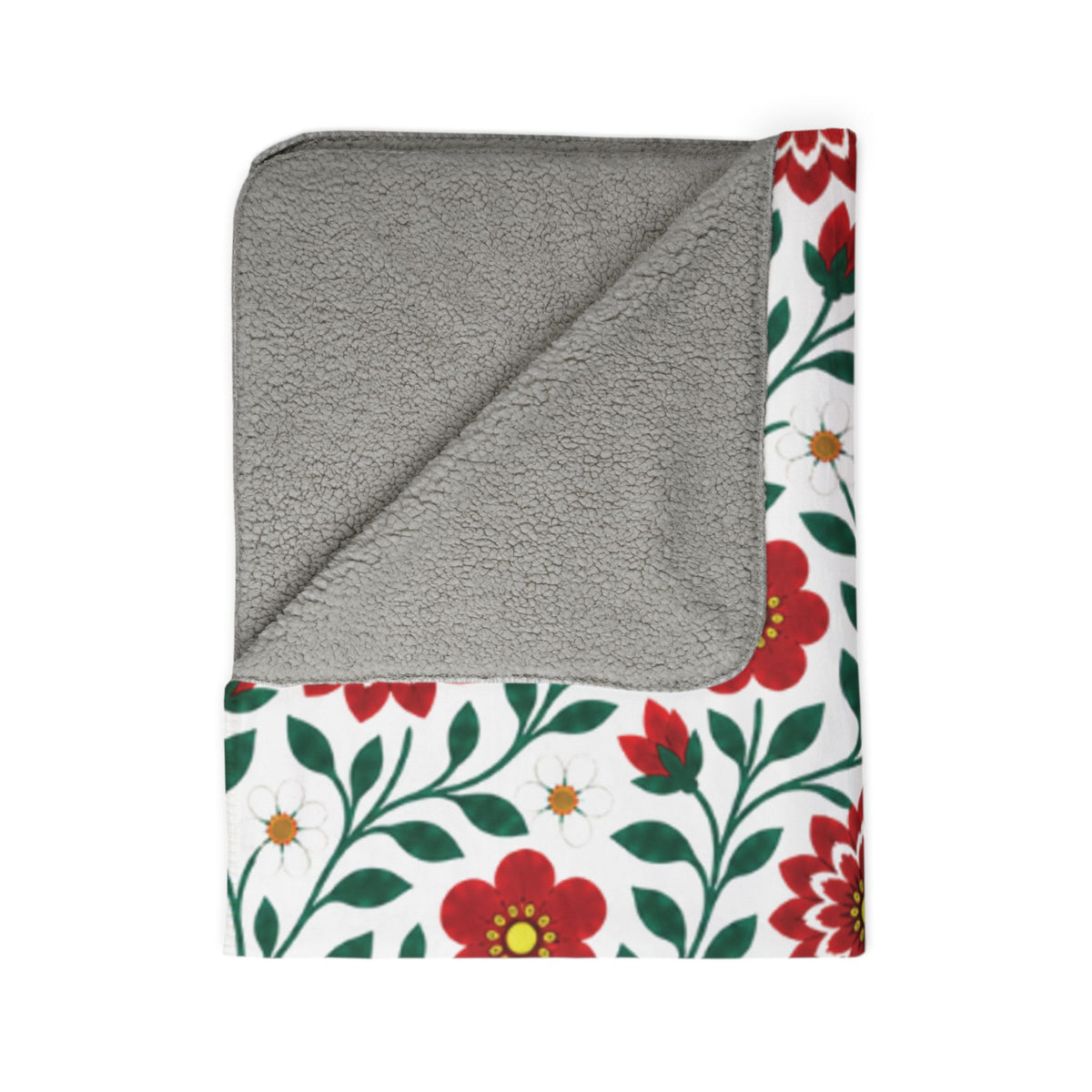 Fleece Sherpa Blanket with Grey Backing — Floral Cozy Throw - 2 Sizes - Red Dahlia