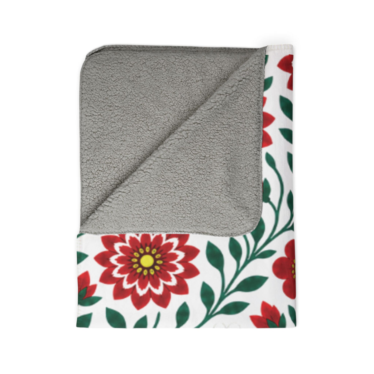 Fleece Sherpa Blanket with Grey Backing — Floral Cozy Throw - 2 Sizes - Red Dahlia