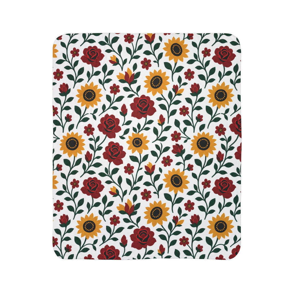 Fleece Sherpa Blanket – Floral Cozy Throw with Grey Backing- Sunflowers and Roses - Choose from 2 Sizes