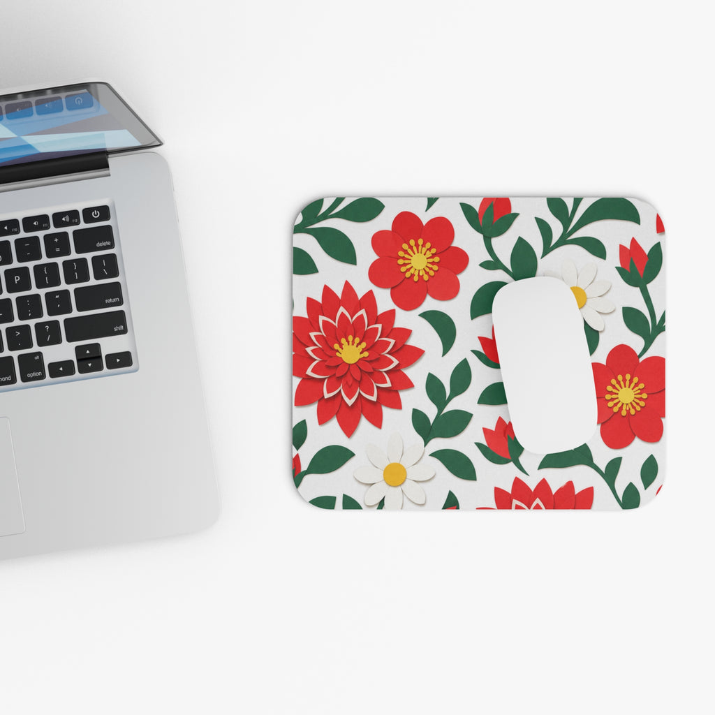 Red Dahlia Floral Mouse Pad — Red & Green Festive Flower Desk Mat