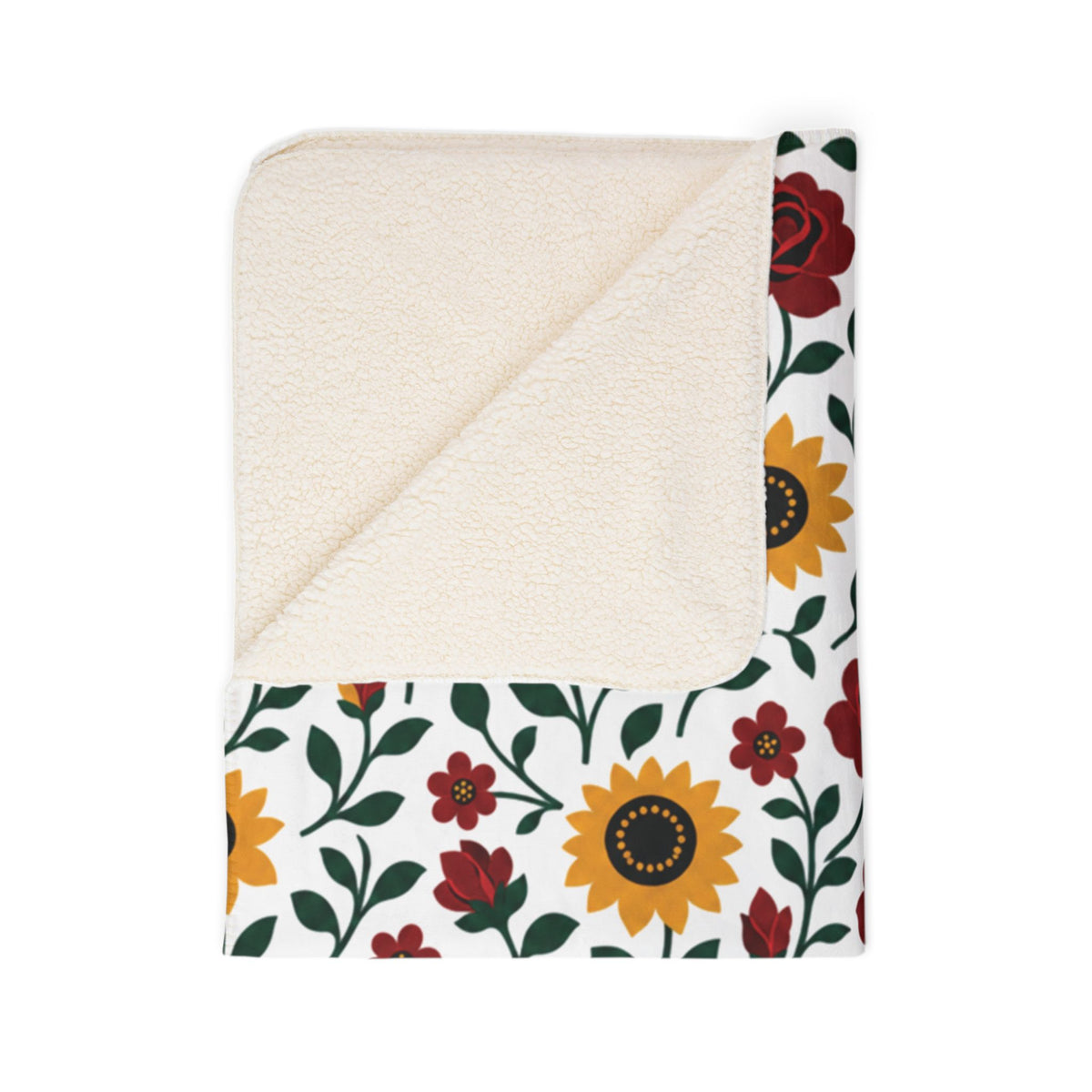 Fleece Sherpa Blanket – Floral Cozy Throw with Beige Backing - Sunflowers and Roses - Choose from 2 Sizes