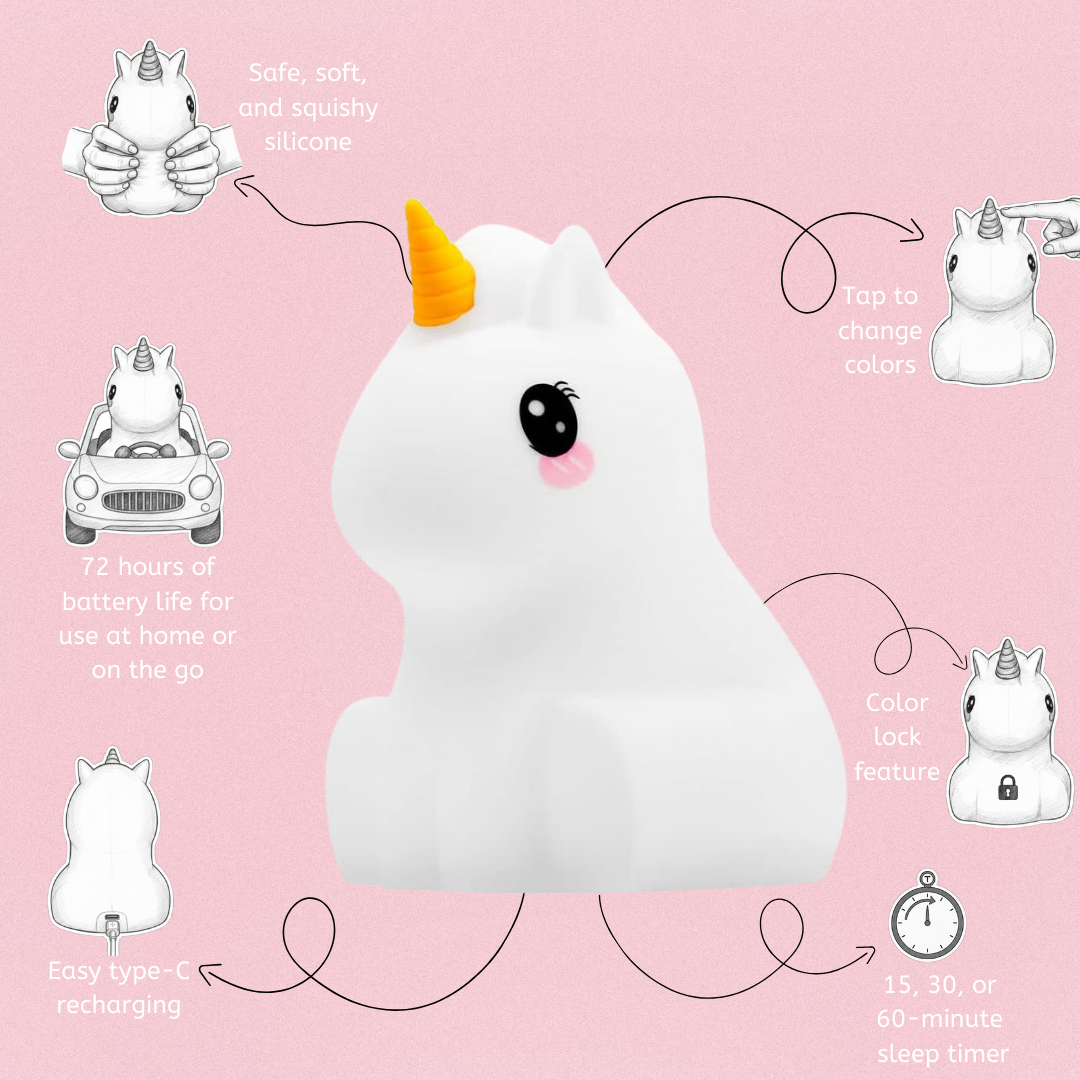 LumiPets Unicorn Color Changing Night Light - Control by Tap or Remote