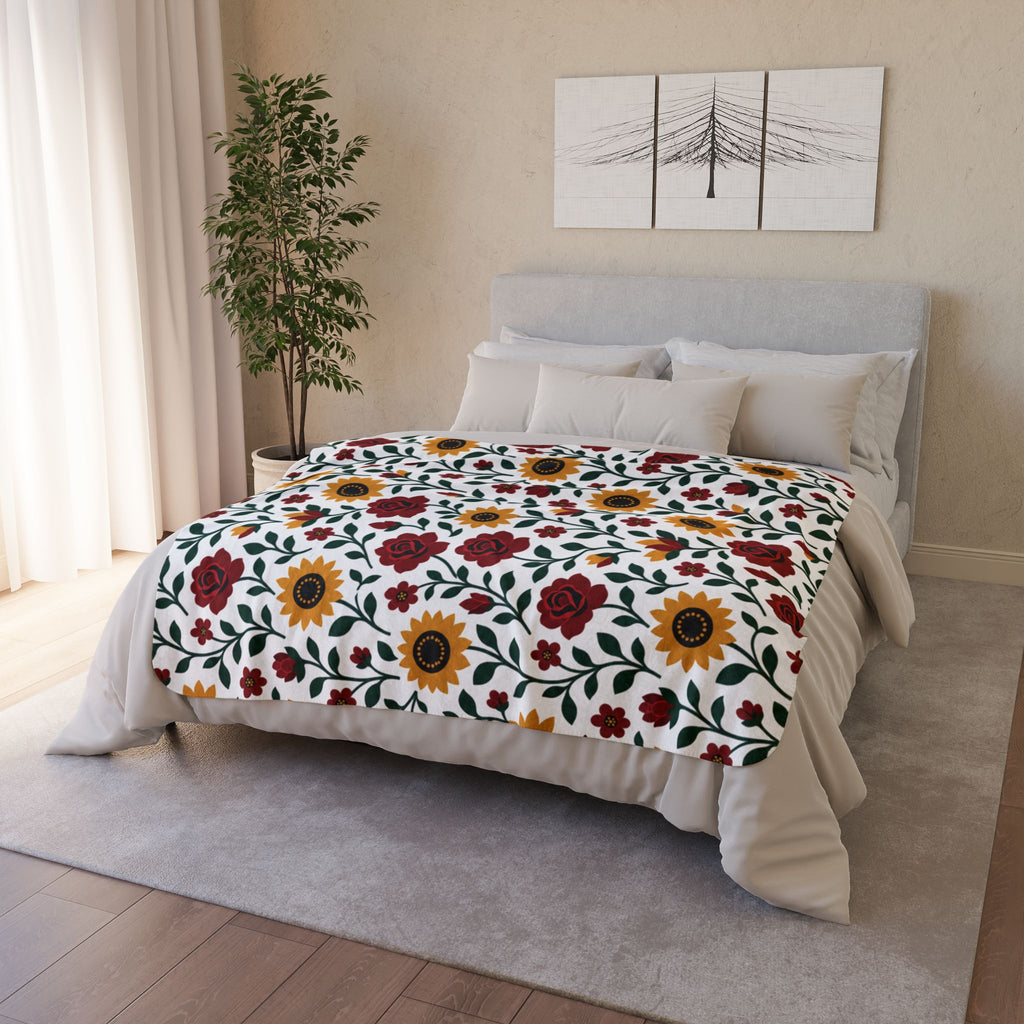 Fleece Sherpa Blanket – Floral Cozy Throw with Grey Backing- Sunflowers and Roses - Choose from 2 Sizes