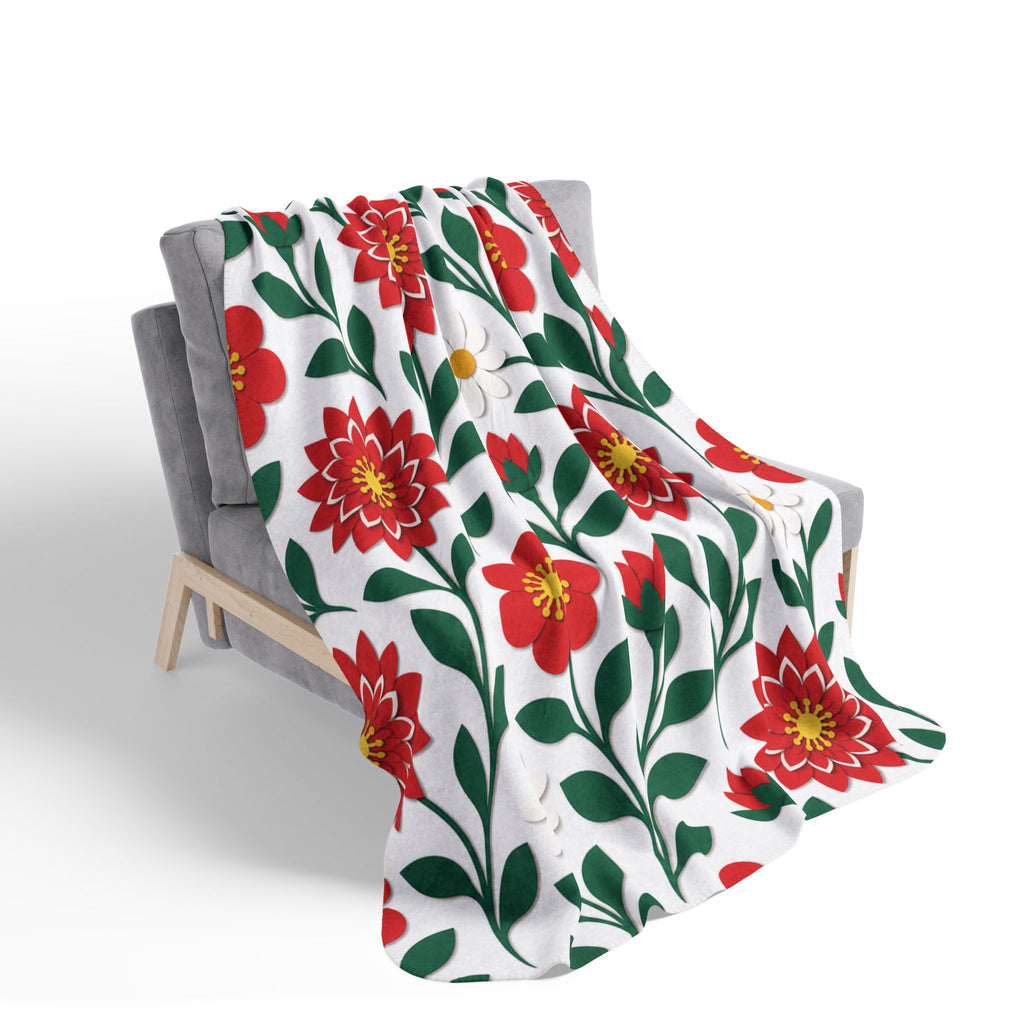 Red Dahlia Floral Fleece Sherpa Blanket — Cozy Throw