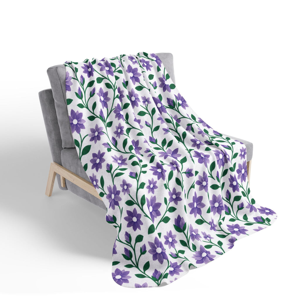 Fleece Sherpa Blanket with Grey Backing— Floral Cozy Throw - Purple Cascades -  2 Sizes