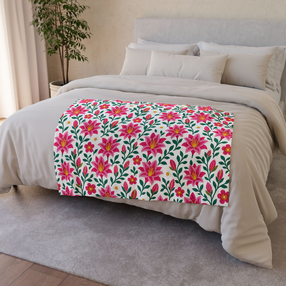Pink Lily Floral Fleece Blanket — Cozy Throw