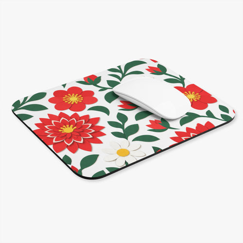 Red Dahlia Floral Mouse Pad — Red & Green Festive Flower Desk Mat