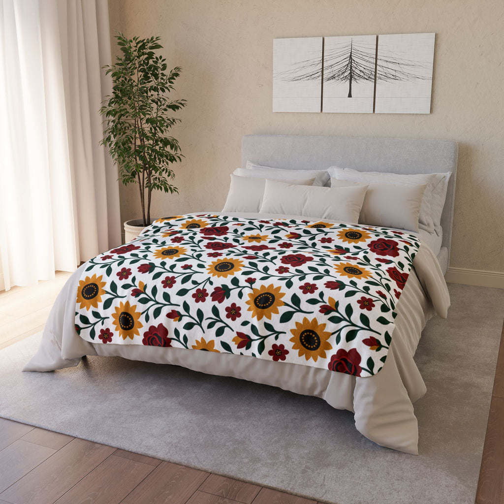 Fleece Sherpa Blanket – Floral Cozy Throw with Beige Backing - Sunflowers and Roses - Choose from 2 Sizes