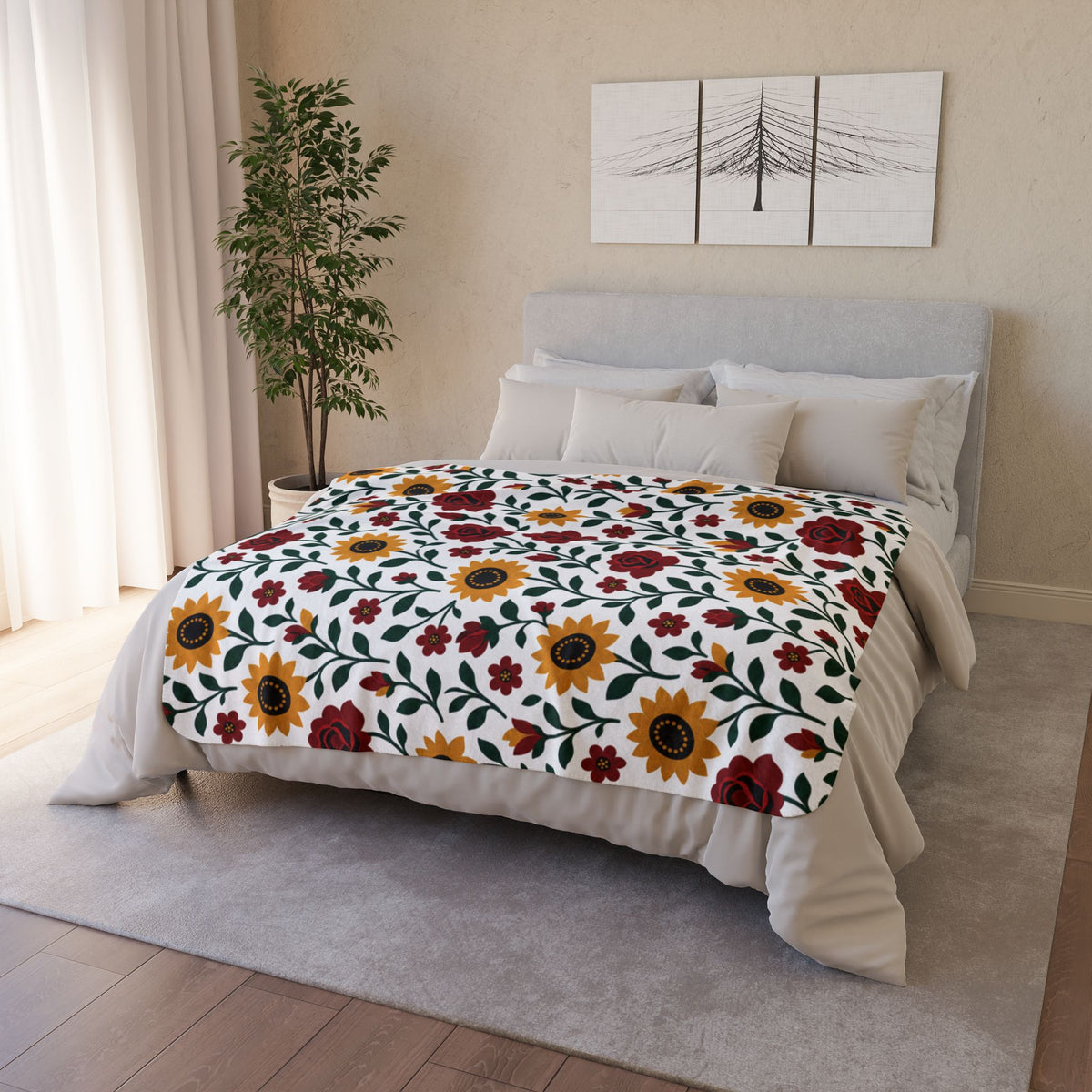 Fleece Sherpa Blanket – Floral Cozy Throw with Beige Backing - Sunflowers and Roses - Choose from 2 Sizes
