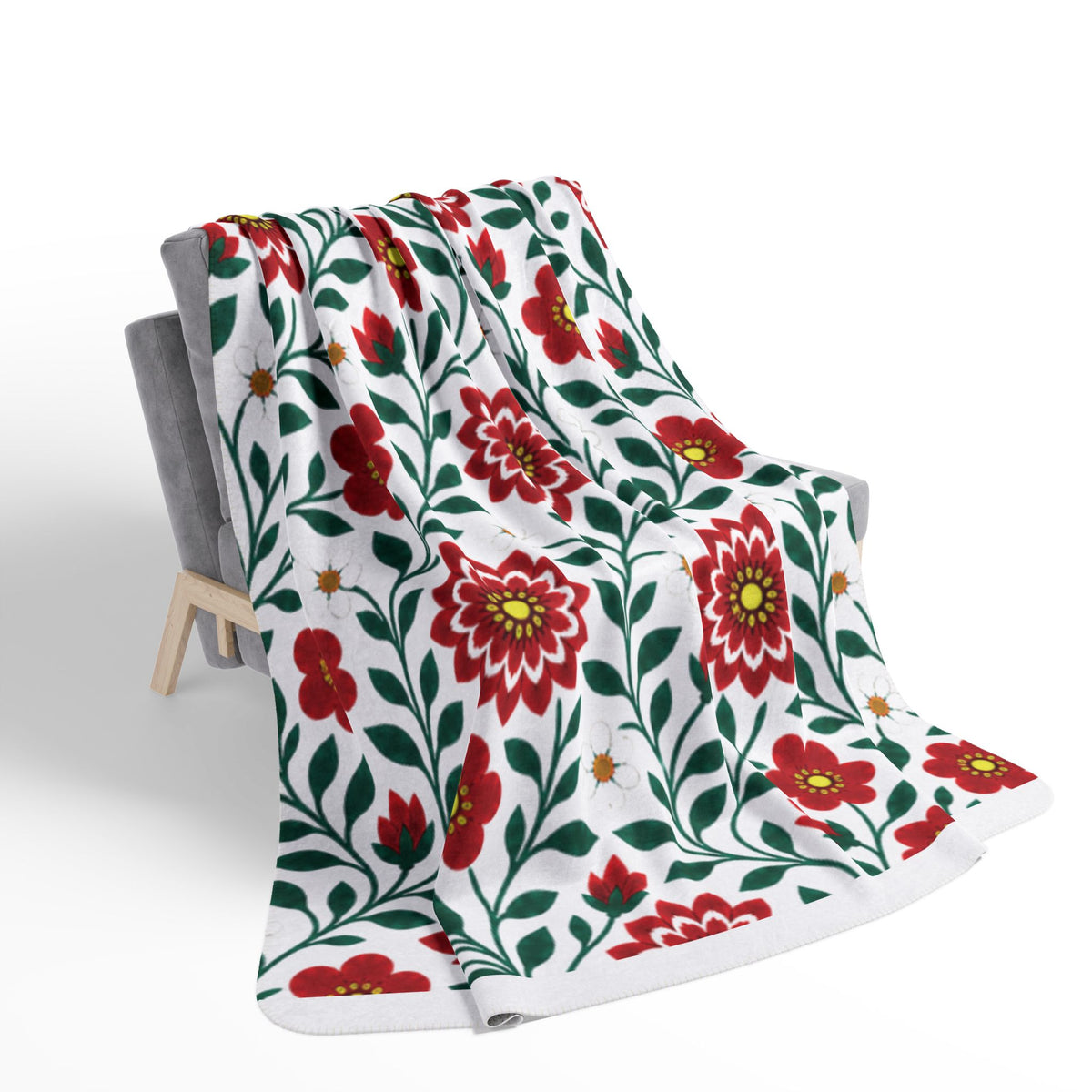 Fleece Sherpa Blanket with Grey Backing — Floral Cozy Throw - 2 Sizes - Red Dahlia