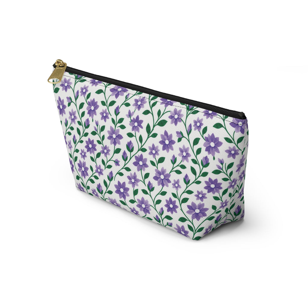 Accessory Pouch - Black or White Zipper - Floral - Purple Cascades