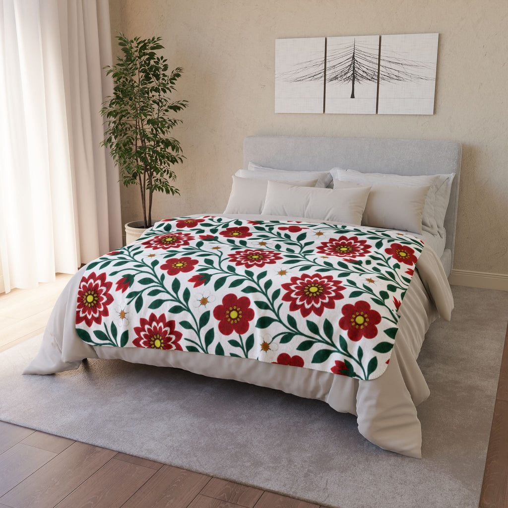Fleece Sherpa Blanket with Beige Backing - Red Dahlia Floral Throw - 2 Sizes