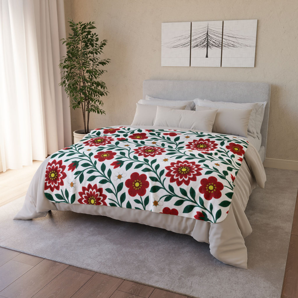Fleece Sherpa Blanket with Beige Backing - Red Dahlia Floral Throw - 2 Sizes