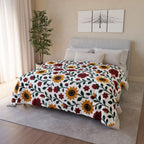 Fleece Sherpa Blanket – Floral Cozy Throw with Beige Backing - Sunflowers and Roses - Choose from 2 Sizes