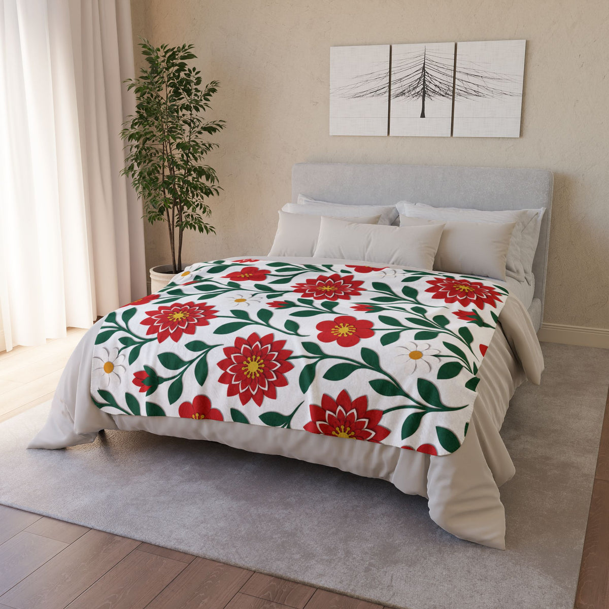 Red Dahlia Floral Fleece Sherpa Blanket — Cozy Throw