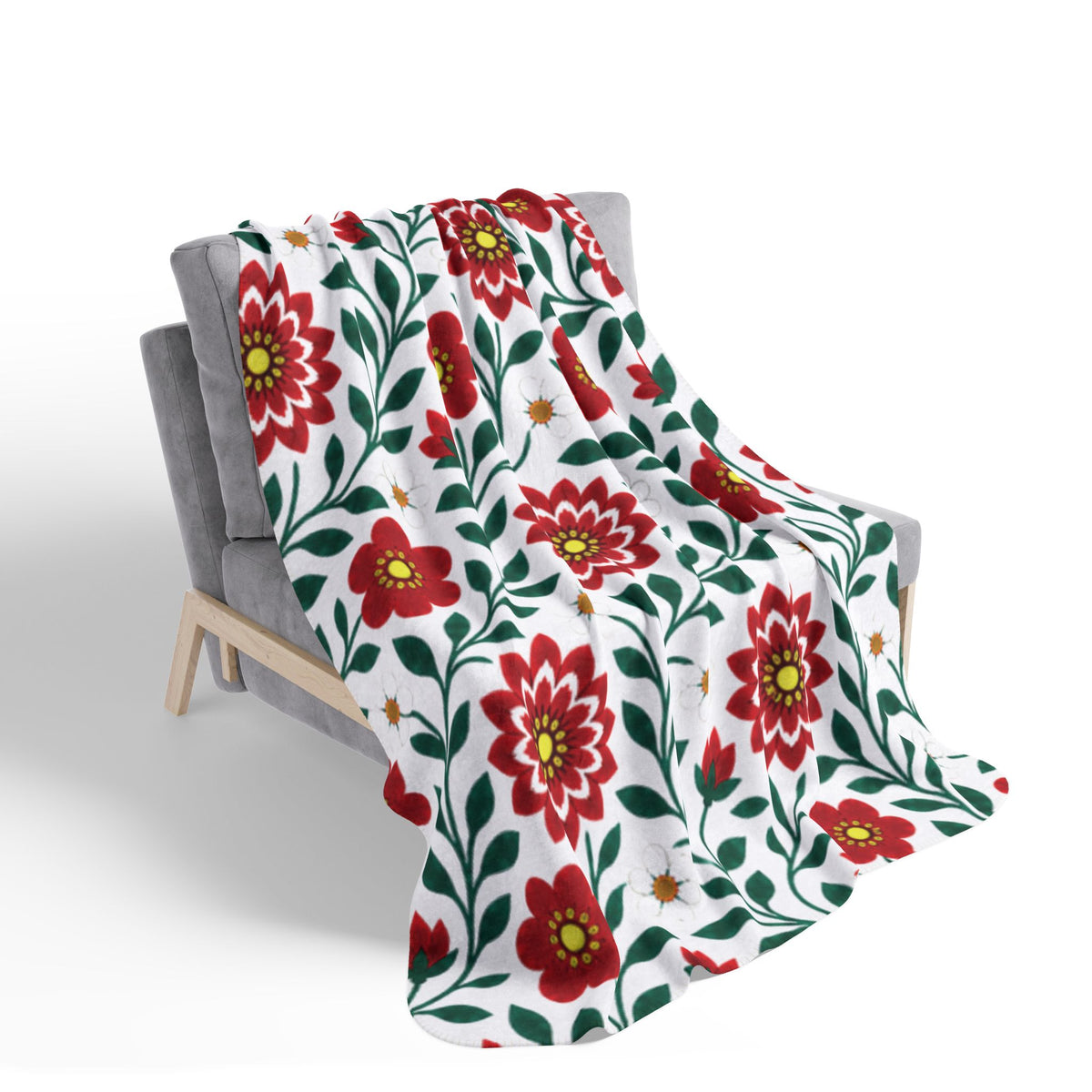 Fleece Sherpa Blanket with Beige Backing - Red Dahlia Floral Throw - 2 Sizes