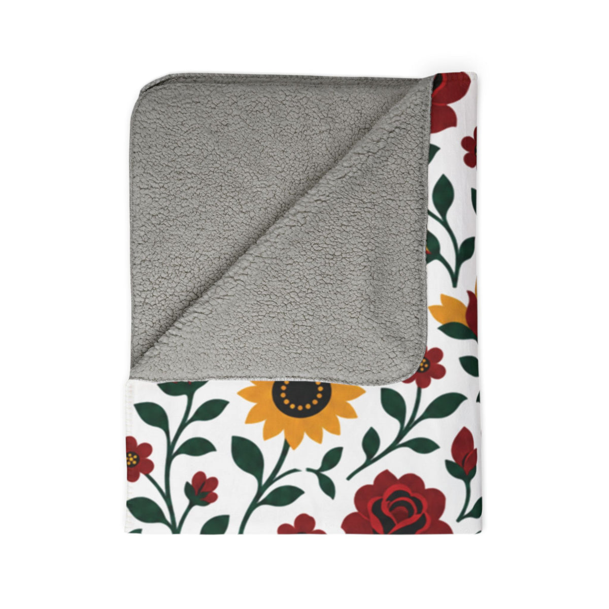 Fleece Sherpa Blanket – Floral Cozy Throw with Grey Backing- Sunflowers and Roses - Choose from 2 Sizes