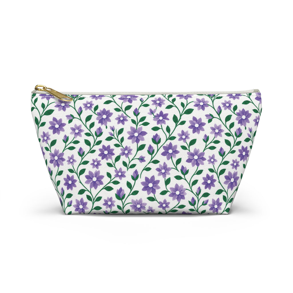 Accessory Pouch - Black or White Zipper - Floral - Purple Cascades