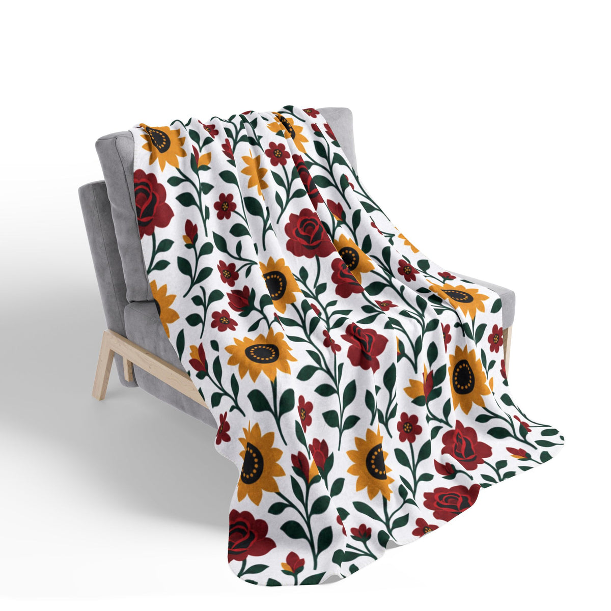 Fleece Sherpa Blanket – Floral Cozy Throw with Beige Backing - Sunflowers and Roses - Choose from 2 Sizes