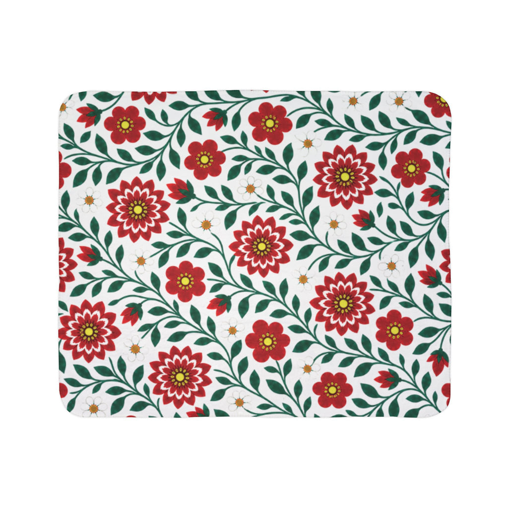 Fleece Sherpa Blanket with Grey Backing — Floral Cozy Throw - 2 Sizes - Red Dahlia