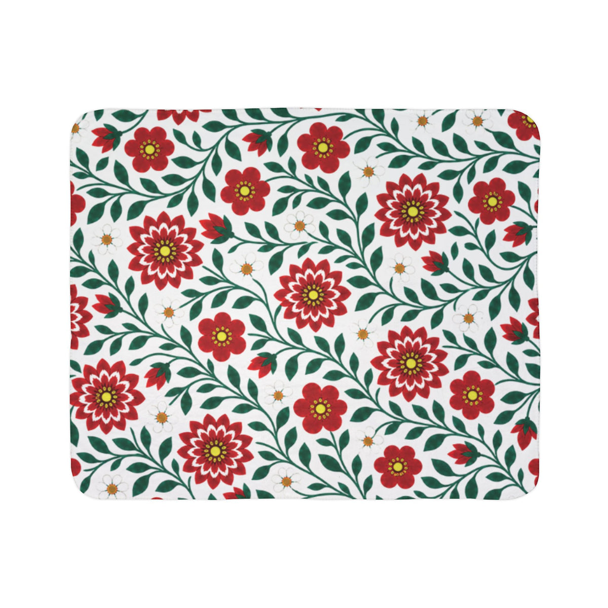 Fleece Sherpa Blanket with Grey Backing — Floral Cozy Throw - 2 Sizes - Red Dahlia