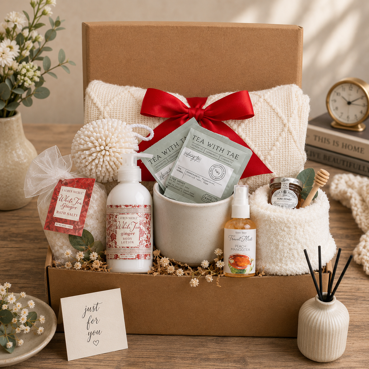 Thinking of You Gift Box - Blanket Tea, Honey, Mug, Socks and More - by Beyond the Bow Gits